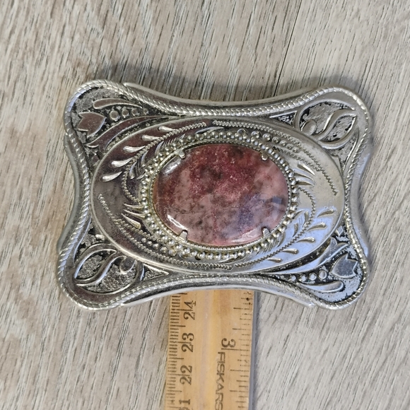 Vintage Western Natural Rhodonite Belt Buckle Silver Toned Handcrafted - Picture 4 of 13